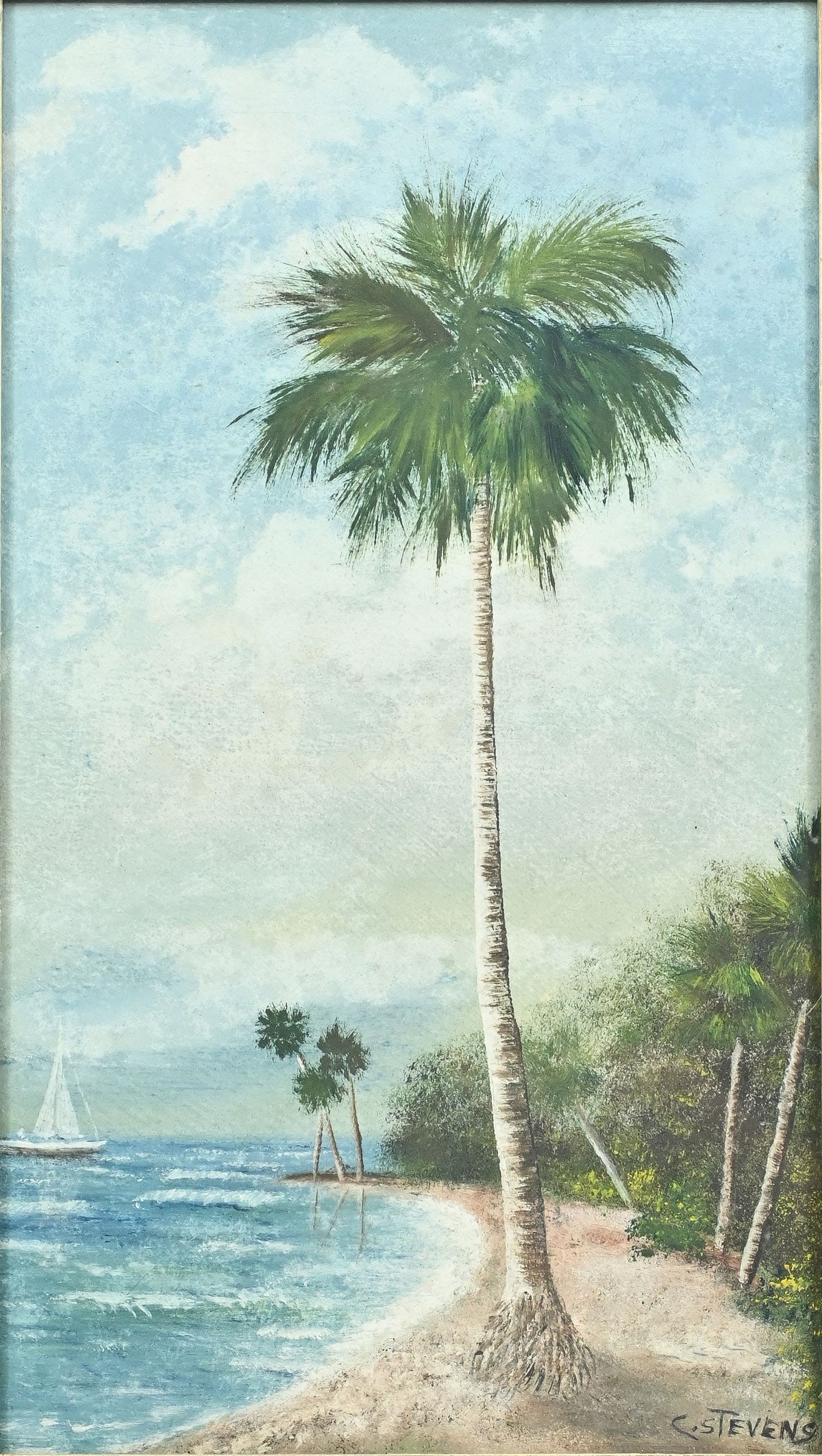 FLORIDA BEACH PAINTING BY STEVENS: FLORIDA BEACH SCENE SIGNED C. STEVENS: Gouache, sight size 13.5" x 7.5", framed, 15.5" x 9.75".