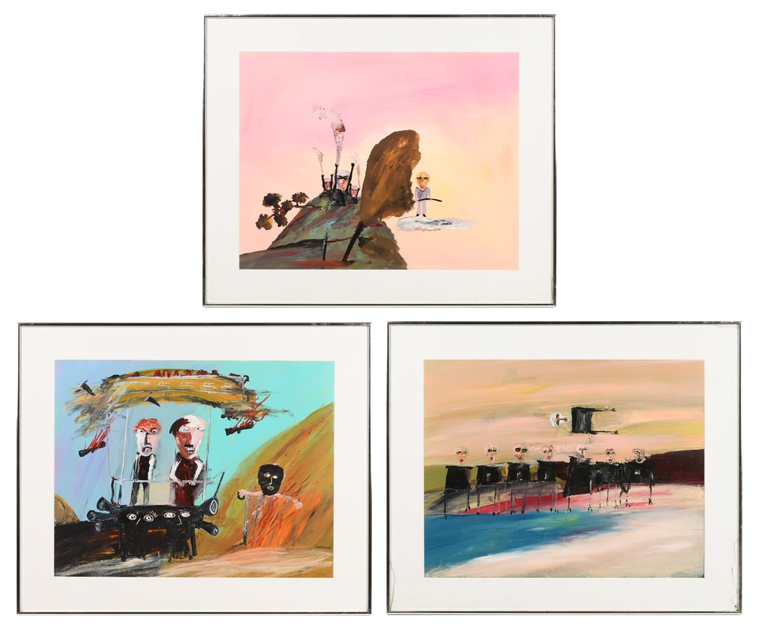 3 RON SLOAN SURREAL PAINTINGS: SLOAN, Ron, (American, b. 1932): 3 Surreal Oil/Canvas Paintings; 1) 21" x 27", signed lower right, framed, 28" x 34.5"; 2) 21" x 27", signed and dated '85, framed, no glass, 28" x 34.5"; 3) 21" x 27",