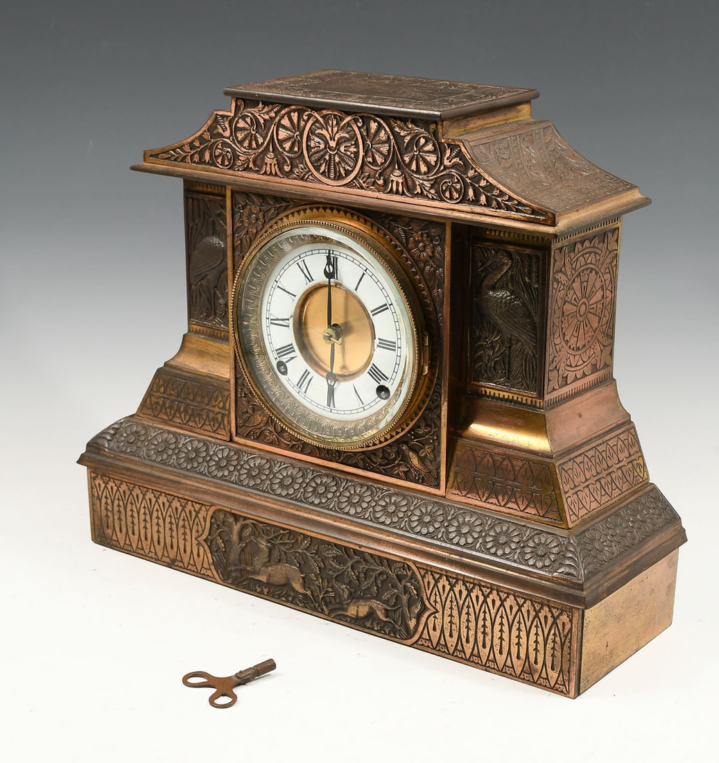 KROEBER ARABIA NO.1 AMERICAN AESTHETIC CLOCK: KROEBER ARABIA NO.1 AMERICAN AESTHETIC MANTLE CLOCK: Late 19th-Century, "Arabia" No. 1 model, by Florence Kroeber, having a fancy detailed casting with Cranes & a Dog chasing a Deer. 5-inch clock face