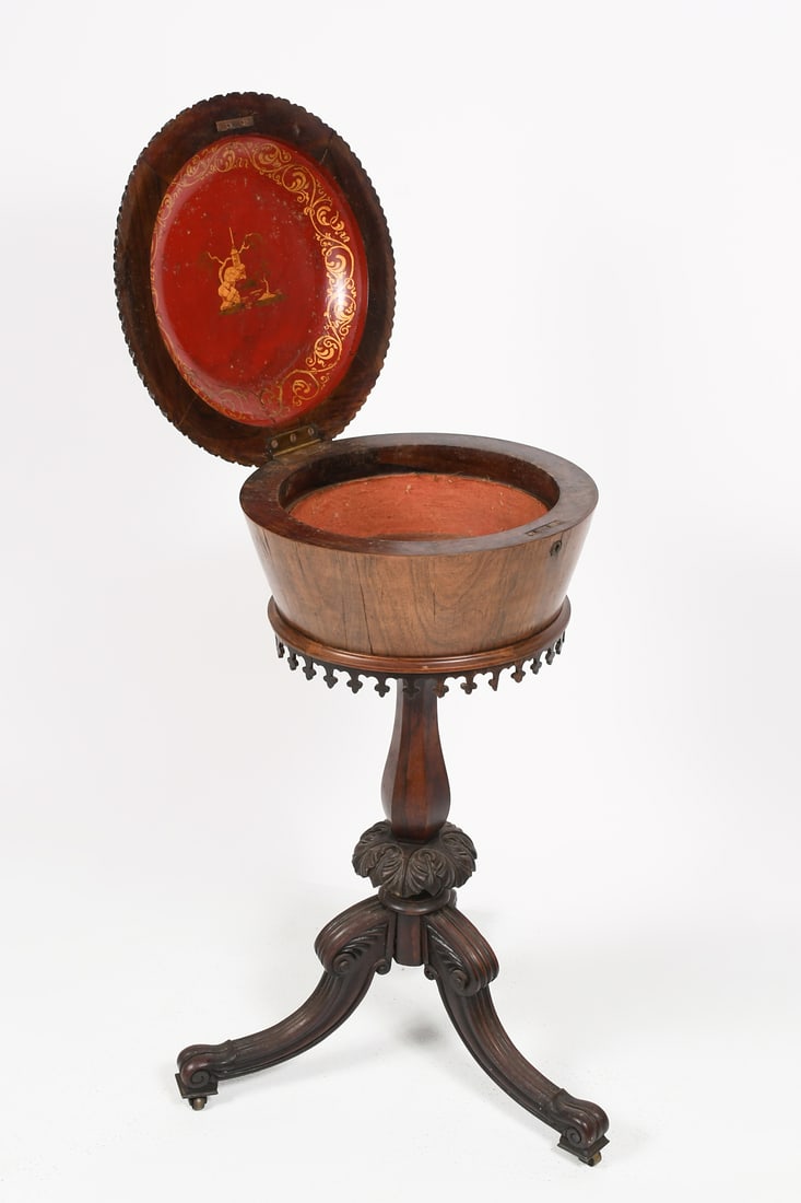 CARVED EMPIRE SEWING BOX ON STAND WITH KEY: CARVED EMPIRE SEWING BOX ON STAND WITH KEY: W. & J. Sloane sewing table or teapoy having a locking, hinged lid decorated with red & gold chinoiserie landscape inside, and the main compartment being fa