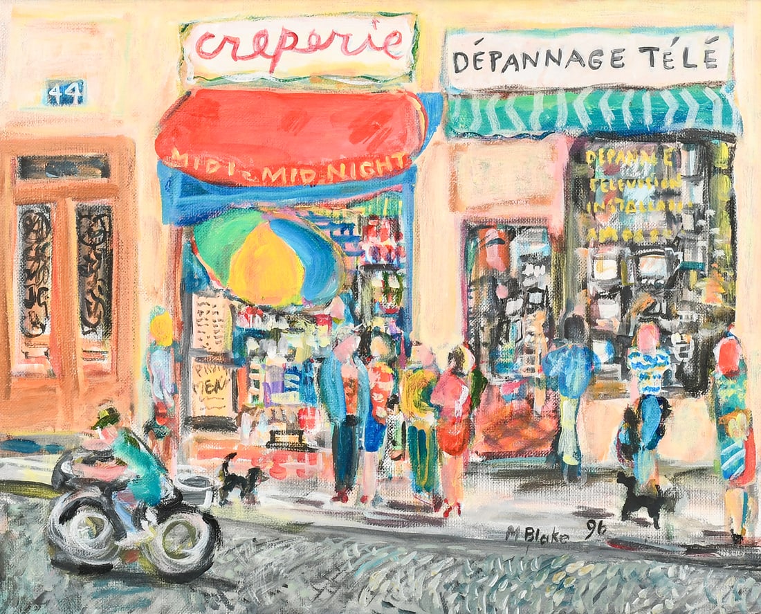MARY PEARCE BLACK PAINTING ''LE CREPERIE'': BLAKE, Mary Pearce, (American, 1890-1971): ''Le Creperie, 1996'', Oil/Canvas, 15'' x 18'', signed lower right, framed.
