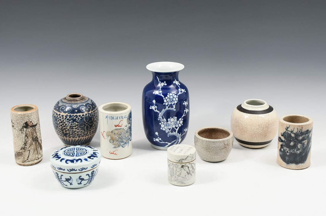 9 PC. CHINESE PORCELAIN VASE, BOXES, & BRUSH POTS: 9 PC. CHINESE PORCELAIN VASE, BOXES, & BRUSH POTS: A collection of Nine Qing & Republic Chinese porcelains. Comprising; 2- Ginger Jars, 3- Brush pots, 2- Dresser jars, 1- Bowl, & 1- Vase. Largest Appr