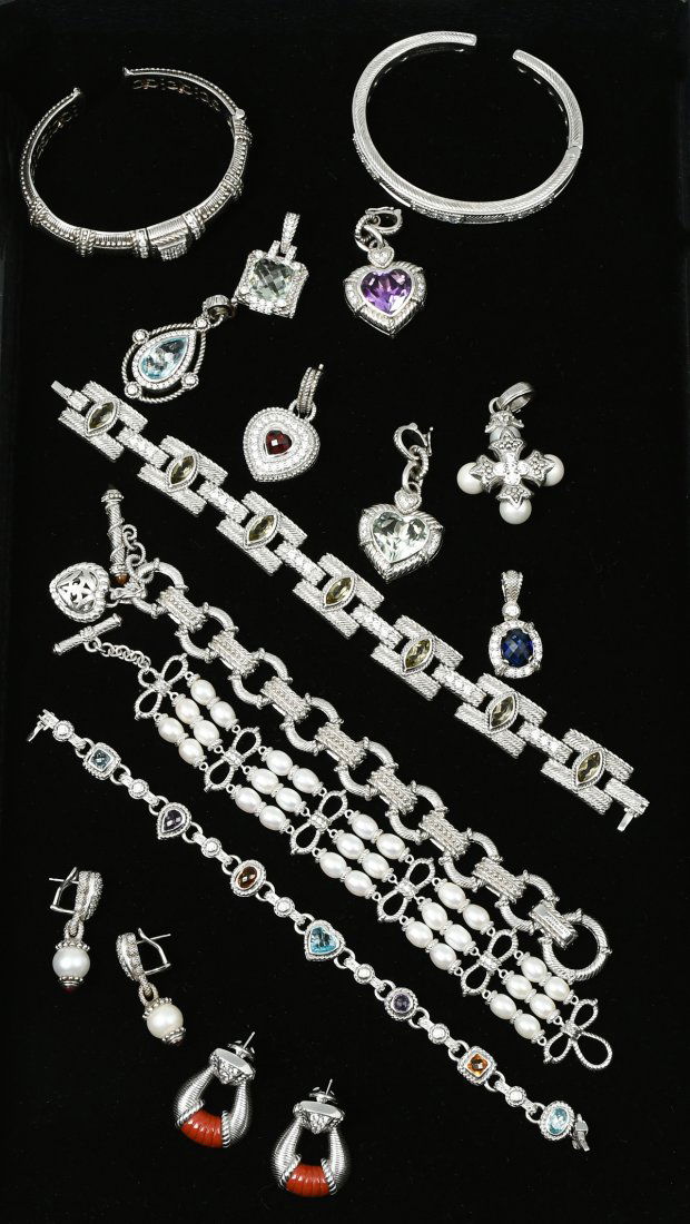16-PC. JUDITH RIPKA STERLING & GEMSTONE JEWELRY: 16-PC. JUDITH RIPKA STERLING & GEMSTONE JEWELRY: This collection of sparkling Judith Ripka jewelry includes four link bracelets, two hinged cuff bracelets, eight gem-set enhancers (one attached to a b