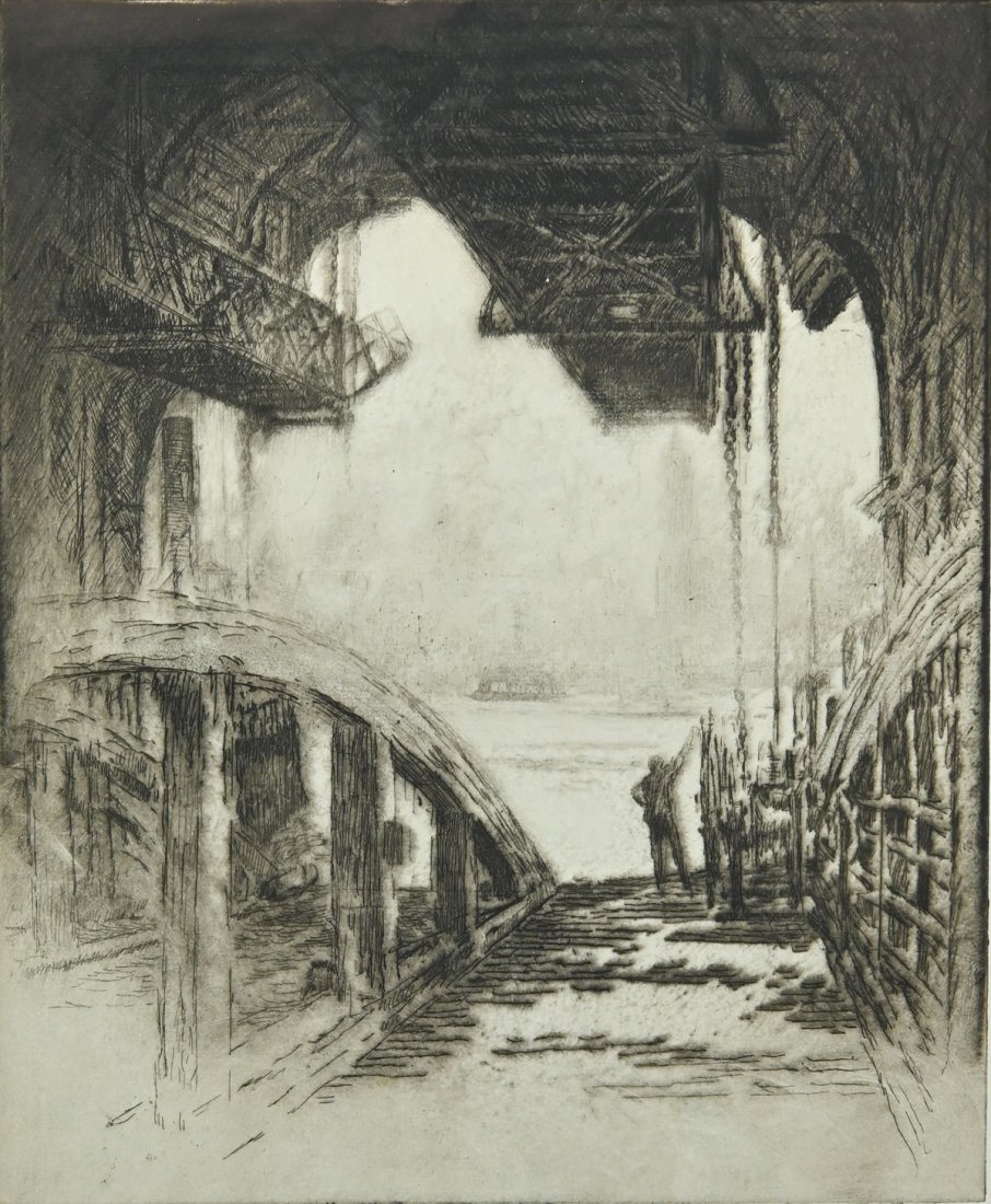 JOSEPH PENNELL ETCHING 1919 "THE FERRYHOUSE": PENNELL, Joseph, (American/English, 1857-1926): "The Ferryhouse," the Cortlandt Street Ferry from the Jersey City side, done in 1919 with around 75 proofs. Sight size 14.5" x 10.5", pencil signed lowe
