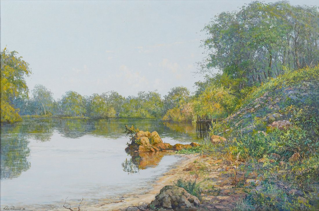 FELIX RAMOS IMPRESSIONIST RIVER SCENE PAINTING: RAMOS, Felix, (Cuban, 1919-1993): Impressionist River Scene, Oil/Canvas, 24'' x 36'', signed lower left and dated '76, framed, 30.25'' x 42.5''.