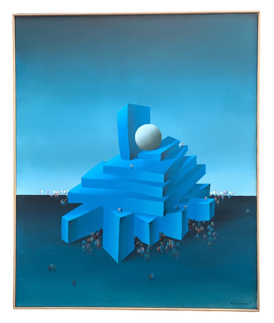 KURT LARISCH SURREAL PAINTING C-182: LARISCH, Kurt, (Austrian, 1913-2009): C-182, Surreal Scene with Small Figures Gathered Around a Structure, Oil/Canvas, 46" x 38", signed lower right, titled and dated '83, framed, 46.5" x 38.5", title