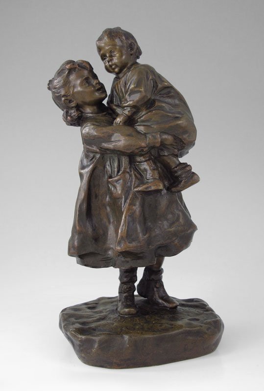 JOSE CARDONA BRONZE OF CHILDREN: CARDONA, Jose, (Spanish,-1915): Young Girl Holding Sibling in Arms, Bronze, 10 1/4" h., incised signature, impressed Goldscheider foundry mark with the number 40.