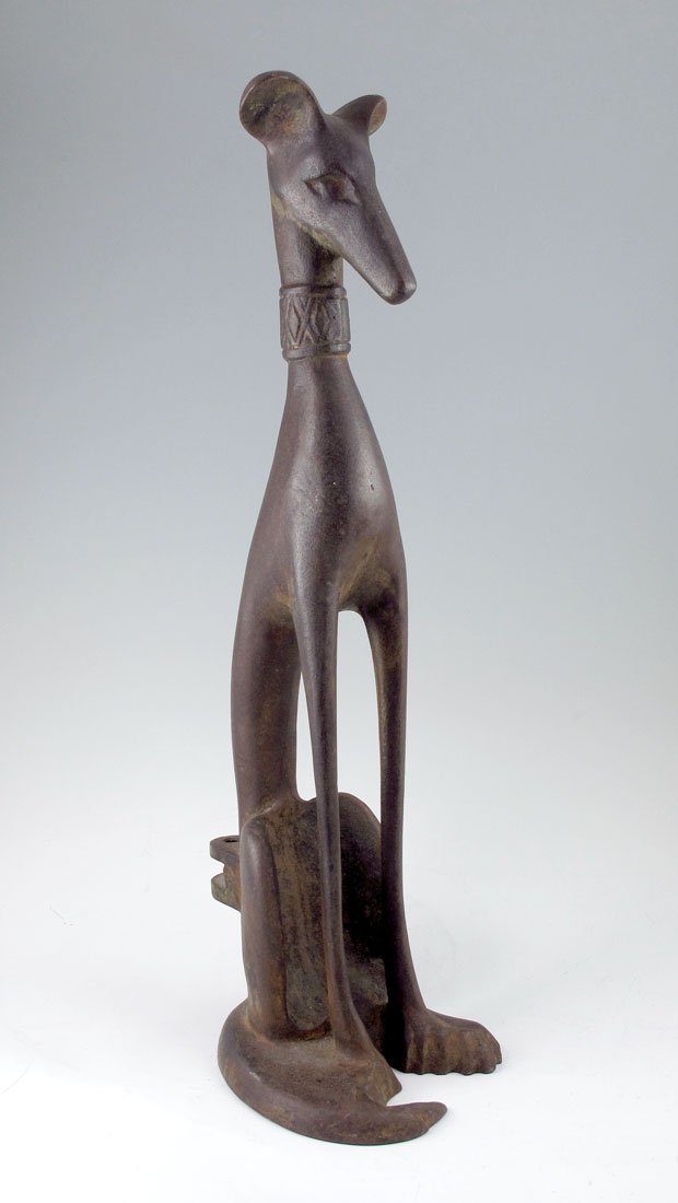 DECO WHIPPET/GREYHOUND ANDIRON: DECO WHIPPET/GREYHOUND ANDIRON: Signed Dunn Sheets?, Cast iron, 22 1/2'' h.