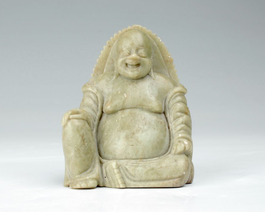 SOAPSTONE? SMILING BUDDHA: SOAPSTONE? SMILING BUDDHA: 3 1/8''h. x 2 3/8'' x 1 1/4'', marked inside bottom cavity 73-37