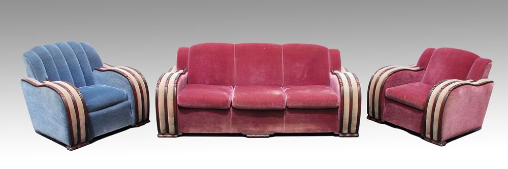 ART DECO MOHAIR SOFA AND 2 CHAIRS: ART DECO MOHAIR SOFA AND 2 CHAIRS: International Furniture Co. and Joan Plush Mills Label. Overstuffed 3 cushion sofa and chairs with dramatic rolled arms typical in the 1930's. All original. Sofa is 