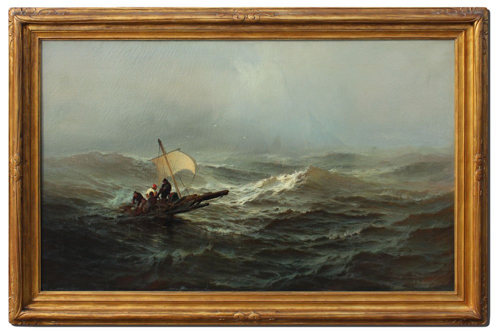 LARGE F.D. BRISCOE SEASCAPE LIFE RAFT PAINTING: BRISCOE, Franklin Dullin, (American, 1844-1903): Life Raft Sailing for Rescue in Stormy Seas, Oil/Canvas, 30'' x 50'', signed lower right, encased in gorgeous period foliate carved and gilded frame wi