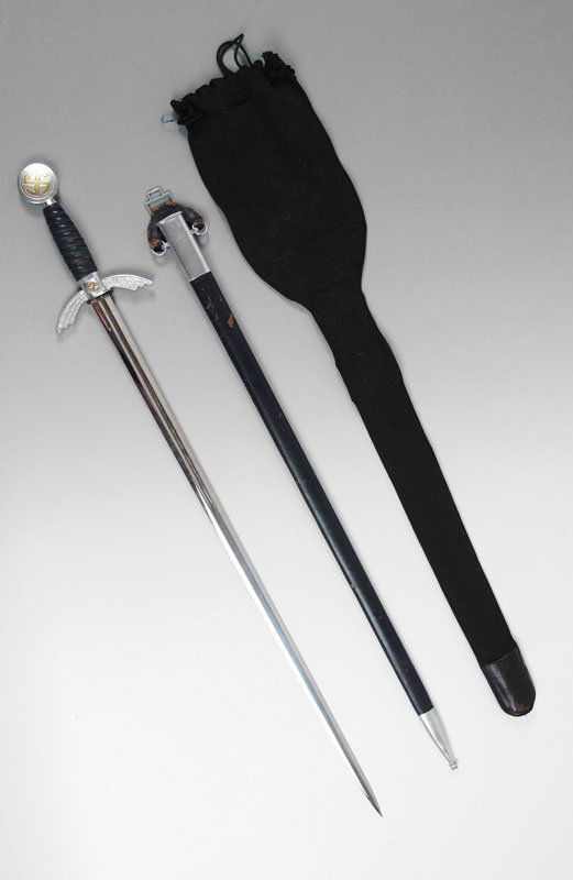 WWII GERMAN LUFTWAFFE OFFICERS SWORD & SCABBARD: WWII GERMAN LUFTWAFFE OFFICERS SWORD: Aluminum hilt with blue leather wrap and original wire. Near mint 30 1/4'' blade marked with knight head, WKC, Waffenfabrik, Solingen, retains leather throat. Ori