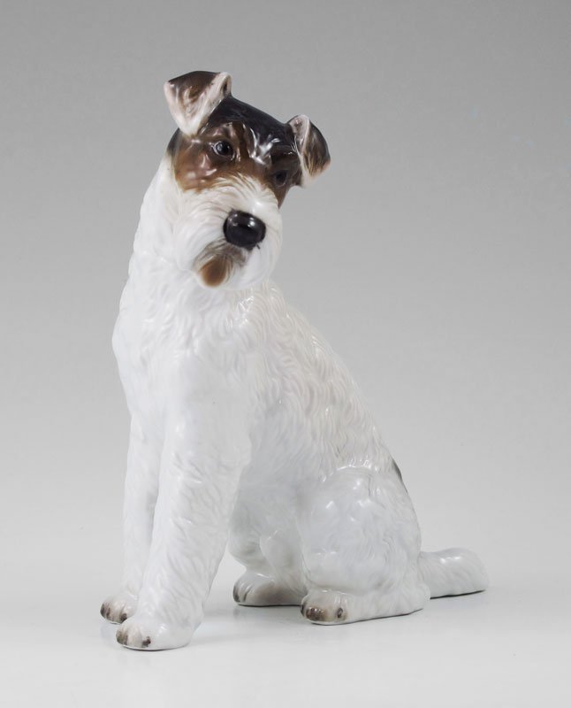 ROSENTHAL PORCELAIN WIREHAIRED FOX TERRIER: ROSENTHAL GERMANY WIRE HAIRED FOX TERRIER FIGURINE: Impressed mark MH Fritz #1243, green Rosenthal Germany handgemelt stamp, ca 1953 to present, 6"h. x 5 1/2" x approx. 3 3/4".