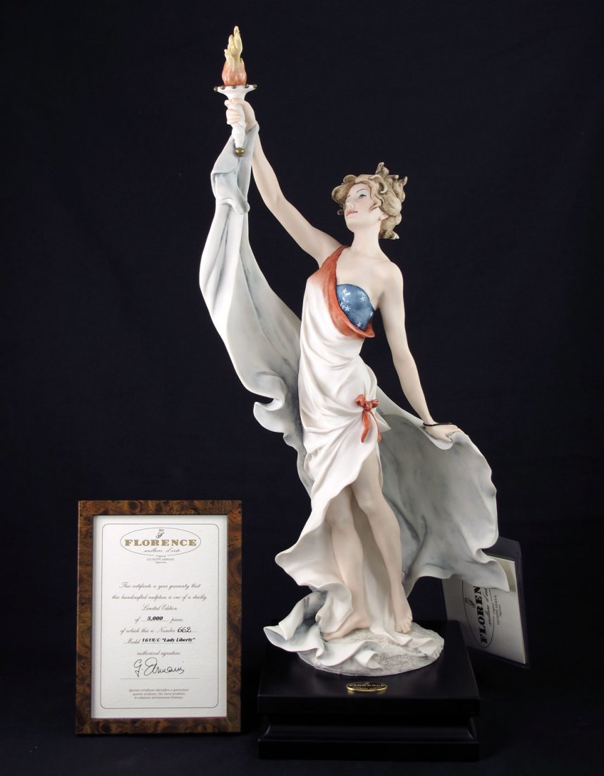 GIUSEPPE ARMANI 2001 LADY LIBERTY 1619C #662/5000: GIUSEPPE ARMANI LIMITED EDITION FIGURINE LADY LIBERTY: 1619 C, 2001, #662/5000, "Florence sculture d'arte" Made in Italy, 21"h. with box 10" x 12" x 26", tag and coa.