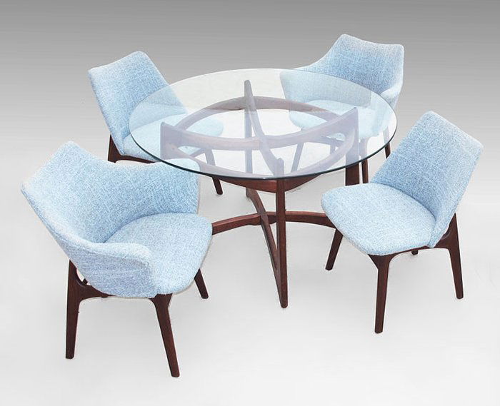 ADRIAN PEARSALL CRAFT ASSOCIATES DINING TABLE & CHAI: ADRIAN PEARSALL CRAFT ASSOCIATES DINING TABLE AND CHAIRS: Table model number 2458-T48 in the Crafts Associates book, sculpted walnut frame with glass top. Sold with a pair of 2418-C arm chairs and pai
