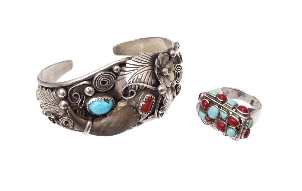 AM INDIAN 925 BRACELET & RING Coral Turquoise Claw: AMERICAN INDIAN STERLING BRACELET AND RING: Cuff bracelet marked JT, intricate silver work set with coral, turquoise and bear? claw, 1 1/4"w. top, opening 2 3/8" x 2", 1 Troy oz. Sold with a maker unk