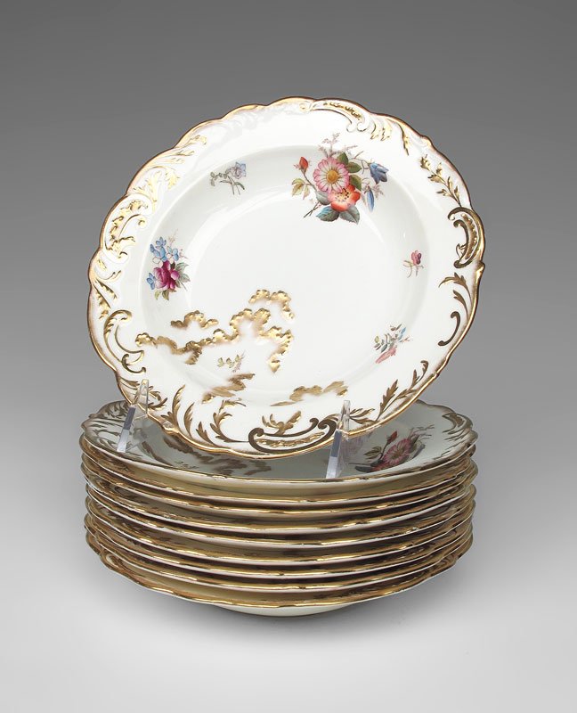 10 GEORGE JONES & SONS FINE CHINA SOUP BOWLS: 10 GEORGE JONES & SONS FINE CHINA SOUP BOWLS: Made for and retailed by JE Caldwell, Philadelphia. 7 1/2" dia.
