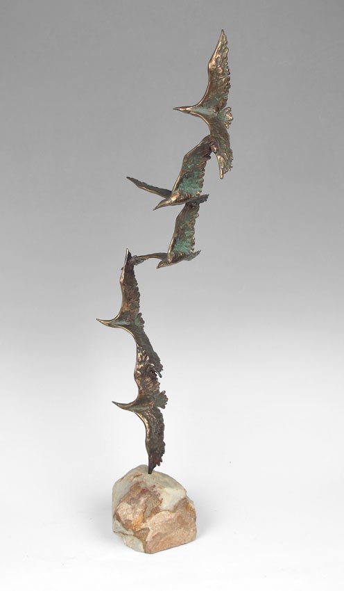 CURTIS JERE BIRDS IN FLIGHT SCULPTURE: CURTIS JERE BIRDS IN FLIGHT SCULPTURE: 5 seagulls in flight, removable from rock plinth. Signed C. Jere. 30 1/2" h. x 5" x 5".