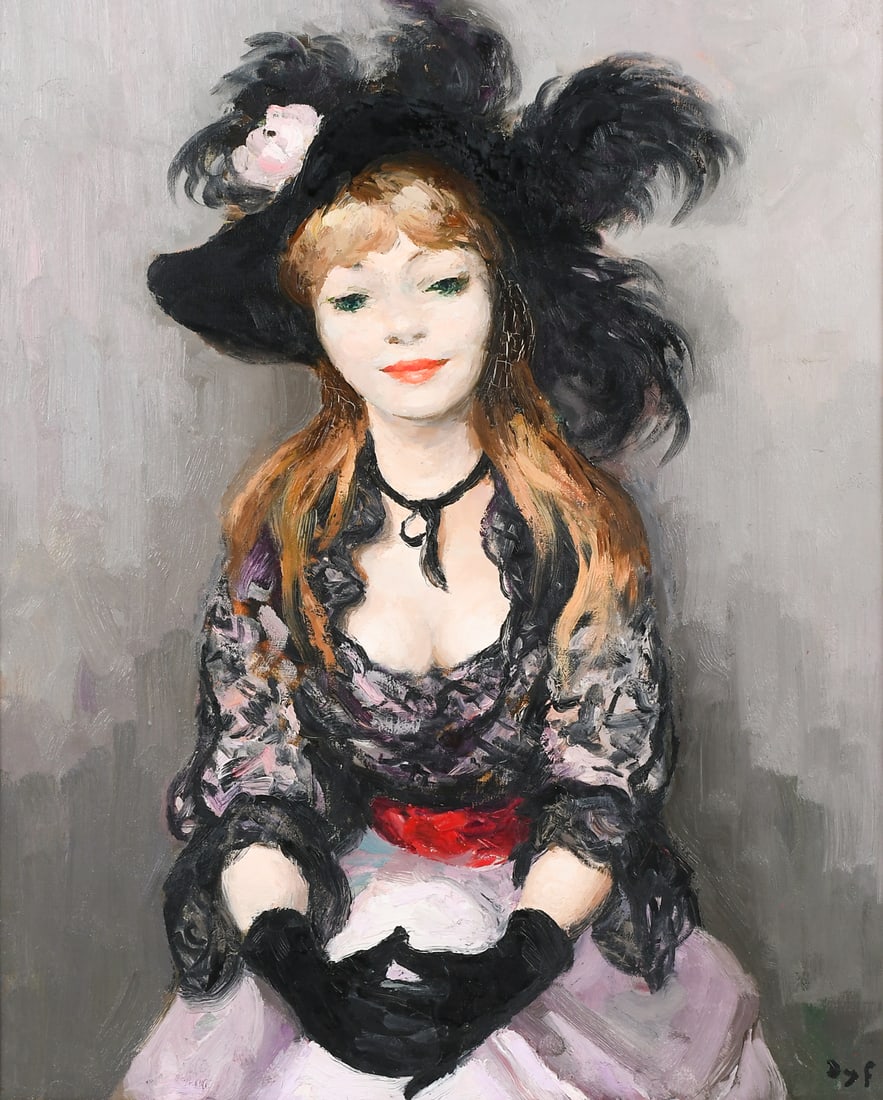 MARCEL DYF PORTRAIT "L'ENTRACTE": DYF, Marcel, (French, 1899-1985): "L'Entracte", the young woman Claudine, Oil/Canvas, 31" x 25.5", signed lower right, repainted period frame, 38" x 32.5", Ferdinand Roten Gallery label verso, along w