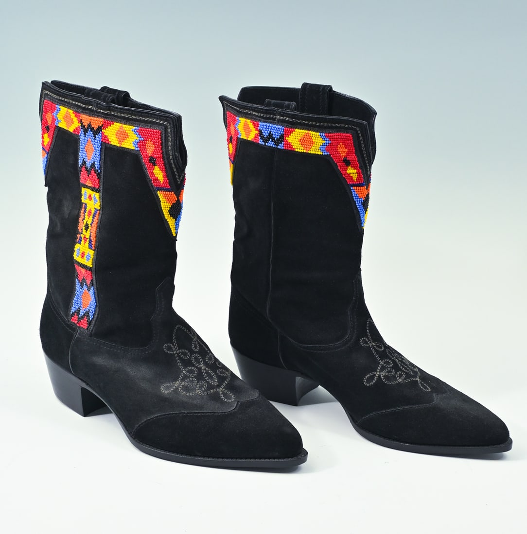 ELTON JOHN ITALIAN BEADED BOOTS WITH AUTHENTICITY: ELTON JOHN ITALIAN BEADED BOOTS WITH AUTHENTICITY: A pair of Susan Bennis Warren Edwards black leather cowboy boots with colorful seed bead adornment. The interior marked Size 8.5 with maker's mark. T