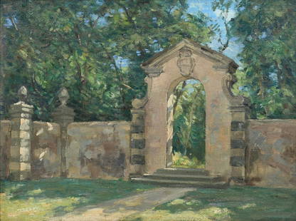 HORACE BROWN COCONUT GROVE FLORIDA PAINTING: BROWN, Horace, (American,1876-1949): ''The Gate, Vizcaya'', Coconut Grove, Oil/Board, 12'' x 16'', signed lower margin, titled and dated 1943 verso, framed, 15.75'' x 19.75''.