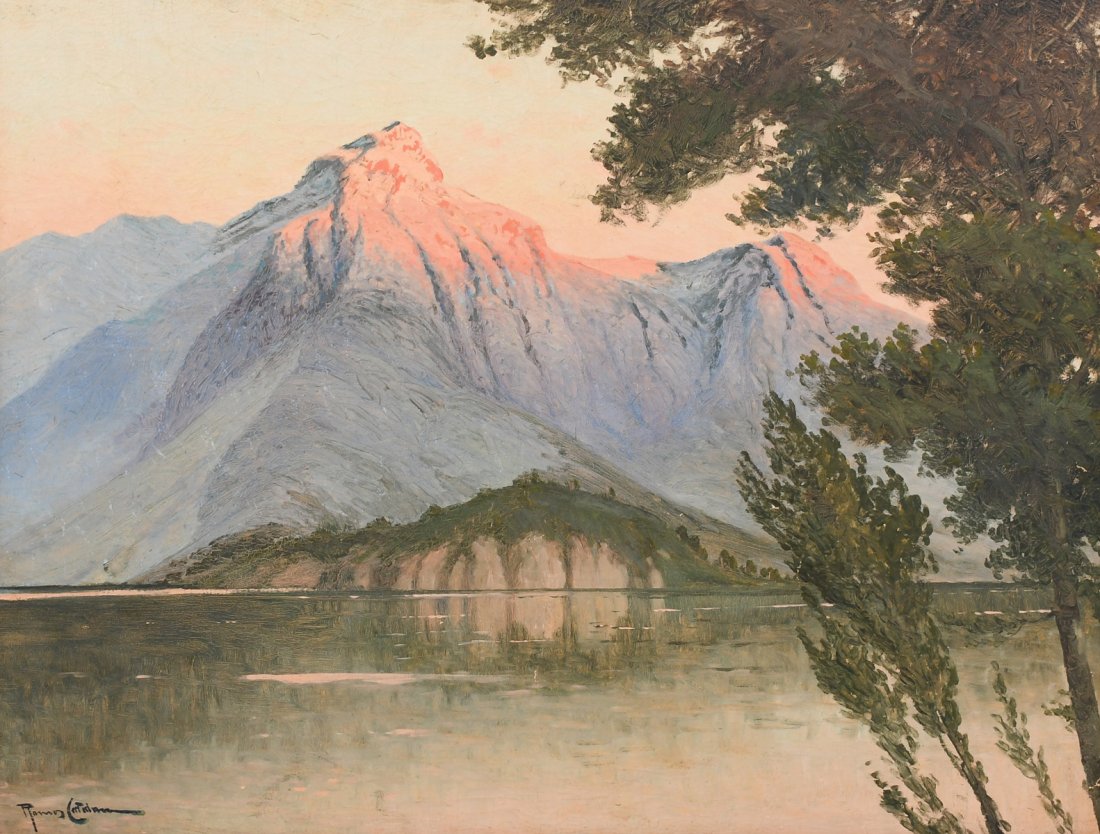 RAMOS CATALAN LAKESIDE ALPINE GLOW PAINTING: CATALAN, Ramos, (Chilean/American, 1888-1961): Alpine Glow Lakeside Landscape Painting, Oil/Canvasboard, 28.5" x 36", signed lower left and framed, 32" x 39.5".
