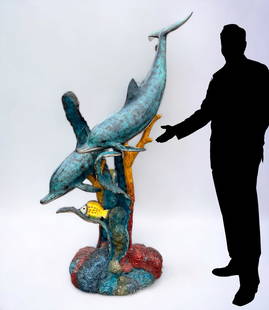 LARGE W. ARIBU PATINATED BRONZE UNDERSEA FOUNTAIN: LARGE W. ARIBU PATINATED BRONZE UNDERSEA FOUNTAIN WITH DOLPHINS: 78" in height, signed W. Aribu and numbered 007/100, cold-painted in bright and vibrant colors.