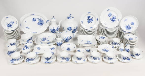 ROYAL COPENHAGEN BLUE FLOWERS BRAIDED PORCELAIN: ROYAL COPENHAGEN BLUE FLOWERS BRAIDED PORCELAIN: This collection of Blue Flowers pattern Royal Copenhagen china comprises: 12- teacups, 20- saucers, 2- covered sugars, 1- creamer, 1- coffee pot, 1- te