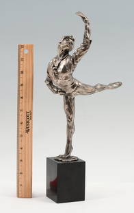 MALE BALLERINA SILVERED METAL SCULPTURE: PLAZZOTTA, Enzo, (Italian, 1921-1981): Male Ballerina, Possibly Nureyev, 800 Silver, 11.5" h, marked Plazzotta and numbered 6/9, M. Tommasi Fonderia stamp, also stamped 800, 14.5" h. with marble