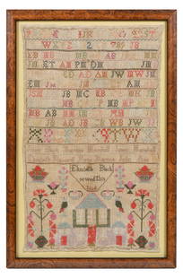 FOLK ART SAMPLER DATED 1836: FOLK ART SAMPLER DATED 1836: Folk art needlepoint sampler, dated 1836 showcasing letters of the alphabet, numbers 1-10, family member names, etc. in rows over a symmetrical design of a church flanked