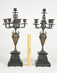 PAIR OF BRONZE & MARBLE CANDLEABRUM: PAIR OF BRONZE & MARBLE CANDLEABRUM: 5-Light candelabra with ornate arms, pierced candle cups, male relief bust at one side, and female relief bust at the opposite side flanked by lion mascarons