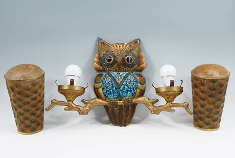 CLOISONNE OWL SCONCE: CLOISONNE OWL SCONCE: A cloisonne double wall sconce in the form of an owl perched on a branch. Made of brass with polychrome enamels; possibly French, Czech. The owl sits on an etched brass branch