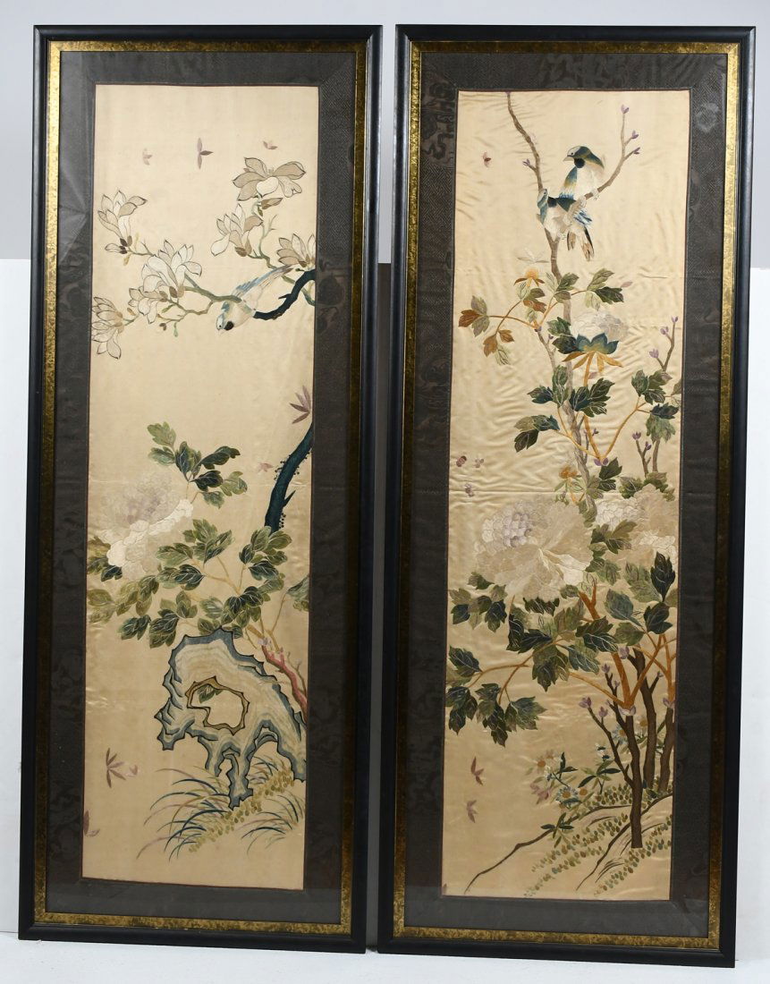 TWO ASIAN NEEDLEWORK TAPESTRIES ON SILK CIRCA LATE 19TH/EARLY 20TH CENTURY (1 of 5)
