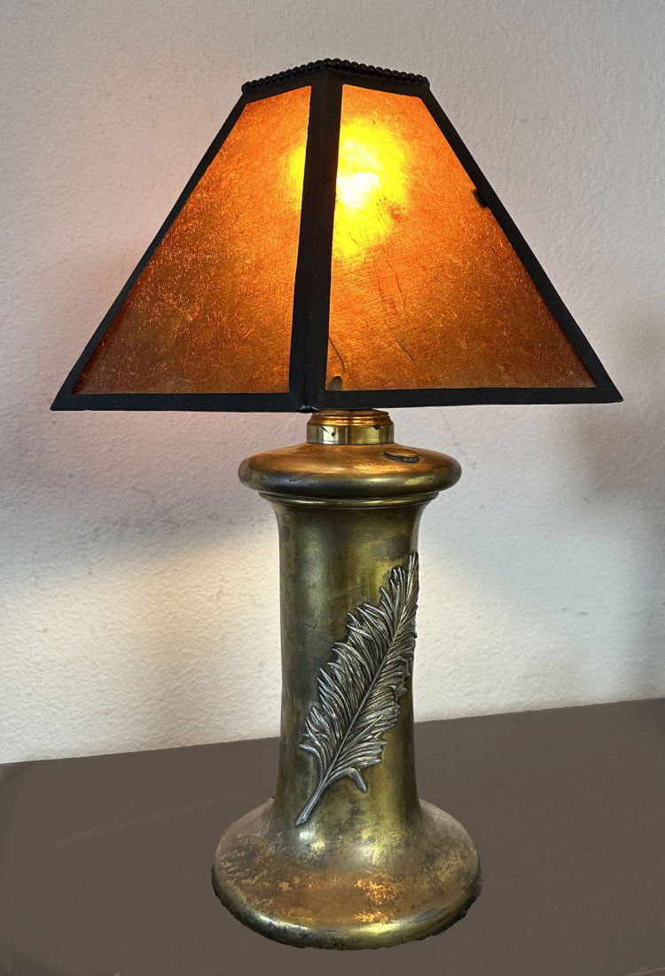 BRADLEY & HUBBARD MISSION ERA BRASS LAMP W/ STERLING OVERLAY AND MICA SHADE (1 of 5)
