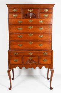 18TH C QUEEN ANNE CHERRY HIGHBOY NEW ENGLAND XVIII CENTURY: 18TH C QUEEN ANNE CHERRY HIGHBOY NEW ENGLAND XVIII CENTURY: Exceptional 18th c. Queene Anne Anne highboy w/ dovetail joinery, chamfered drawers, brass bat wing pulls, cabriole legs, and pad feet. Affi