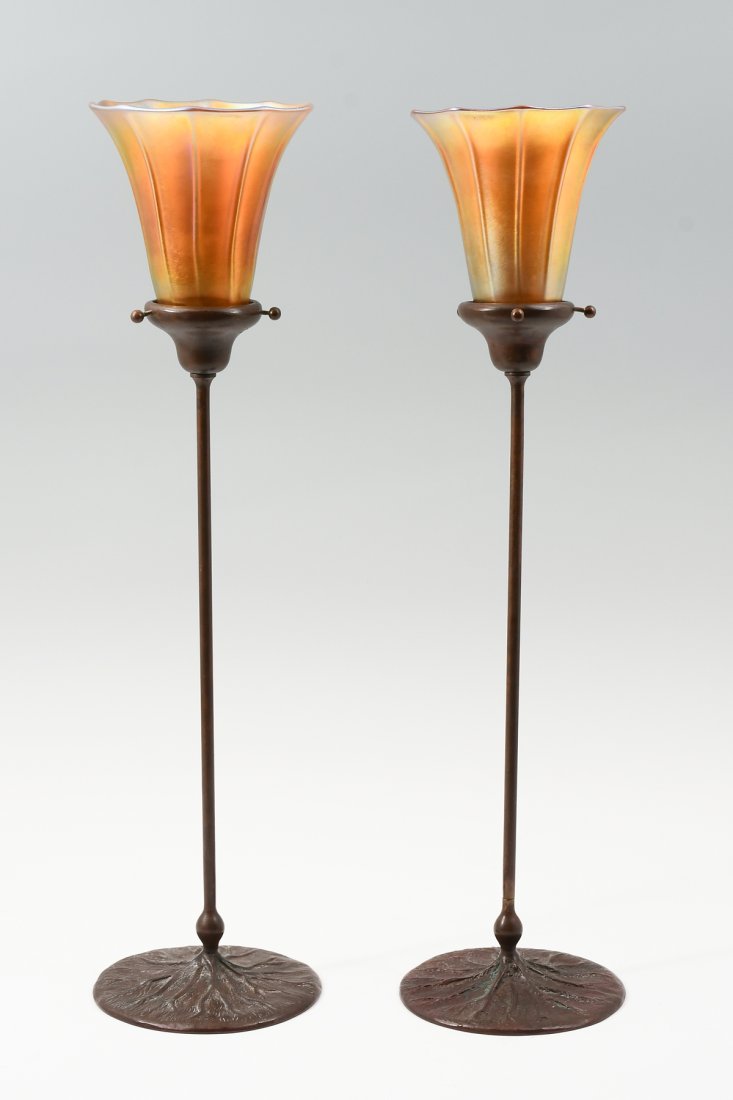 PAIR L.C. TIFFANY BRONZE & ART GLASS CANDLESTICKS (1 of 11)