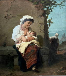 EXCEPTIONAL 19TH C ITALIAN GENRE PAINTING: EXCEPTIONAL 19TH-CENTURY ITALIAN GENRE PAINTING MOTHER AND CHILD: Oil/Canvas, 12.5'' x 17.5'', no visible signature, fine period frame with restoration, 29.5'' x 25.5''. Prior Auction record for this