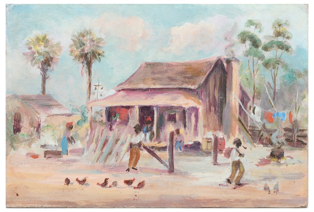 CATHERINE HAYNES STOCKWELL FLORIDA HOMESTEAD: STOCKWELL, Catherine Haynes, (American, 1895-1983): Florida Cabin with African-American figures and Chickens, Oil/Canvasboard, 8" x 12", unsigned, unframed.