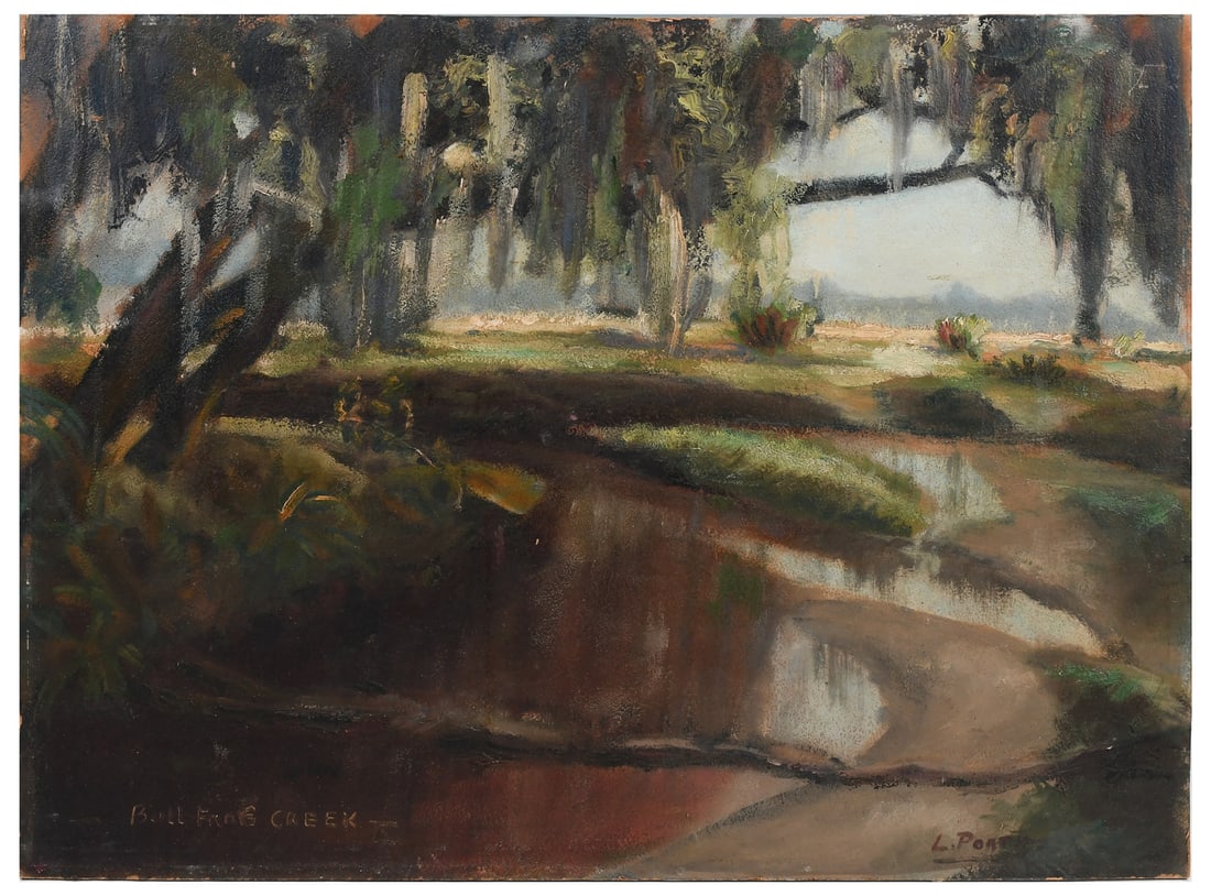 LARRY PORTH BULL FROG CREEK FLORIDA PAINTING: PORTH, Larry, (American, 1896-1972): Bull Frog Creek, Oil/Board, 18" x 24", signed lower right, titled lower left "Bull Frog Bend", also signed and titled verso and bearing the Tampa Academy of Fine A