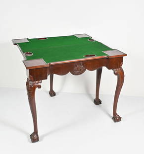 EARLY CHIPPENDALE GATELEG CARD TABLE: EARLY CHIPPENDALE GATELEG CARD TABLE: Early Chippendale single leaf card table; the table opens to reveal a baize-lined game surface with four oval shaped wells and projecting squared corners; the unf