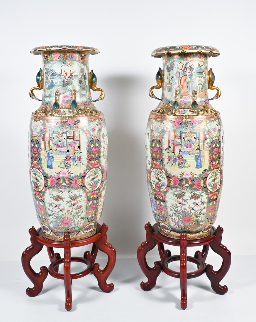PAIR SUBSTANTIAL CHINESE FAMILLE ROSE FLOOR VASES (1 of 8)