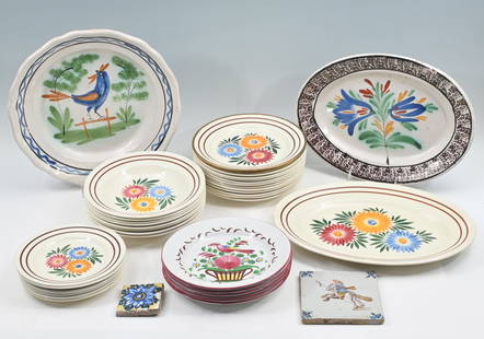 FRENCH DECORATED MAJOLICA POTTERY COLLECTION: FRENCH DECORATED MAJOLICA POTTERY COLLECTION: A variety of Majolica dinnerware and two tiles. Includes 5-St. Clement majolica appetizer plates, 6- HBCM France bread & butter plates, 13- HBCM salad pla
