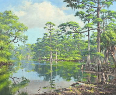 A.E. BACKUS CYPRESS SWAMP FLORIDA PAINTING: BACKUS, A.E., (American, 1906-1990): Cypress Swamp, Oil/Canvas, 20" x 24", signed lower right, framed, 25" x 29". Backus was an influence on the art of the Florida Highwaymen. Purchased from the Backu