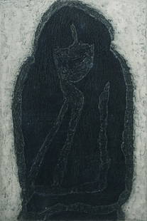 RARE KYOSHI SAITO COLLAGRAPH "THINKING" 1968: SAITO, Kyoshi, (Japanese, 1907-1997): "Thinking", Collagraph, 18.75" x 12.375" with margins, pencil signed lower right, numbered 11/25 / dated 1968 / titled lower left, vintage Kanda frame, 22" x 15.5