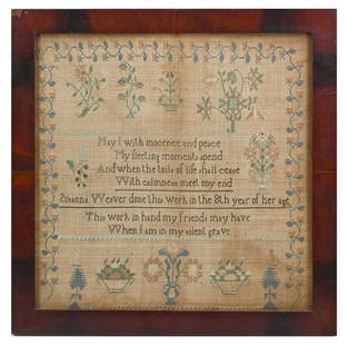 19TH-C. SUSANNA WEAVER AMERICAN FOLK ART SAMPLER: 19TH-C. SUSANNA WEAVER AMERICAN FOLK ART SAMPLER: Folk art needlepoint sampler showcasing 7-line pious verse among flowers & birds within floral vine border. Reads "Susanna Weaver done this work in th