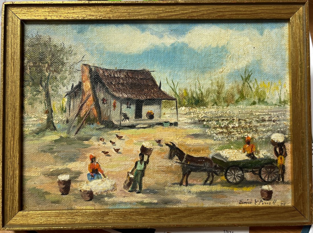 EUNICE POWELL SOUTHERN COTTON PICKING PAINTING: POWELL, Eunice, (American, 20th Century): Cotton Picking Time, a Southern Scene with African-American Workers Loading a Wagon and a Cabin in the Background. Oil/Canvasboard, signed lower right, 5" x 7
