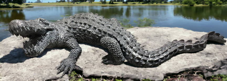 BRONZE ALLIGATOR SCULPTURE: BRONZE ALLIGATOR SCULPTURE: Life size verdigris patinated bronze alligator sculpture with mouth open & teeth bared. Approx. 1'9" h x 5'11" w x 3'8" d.