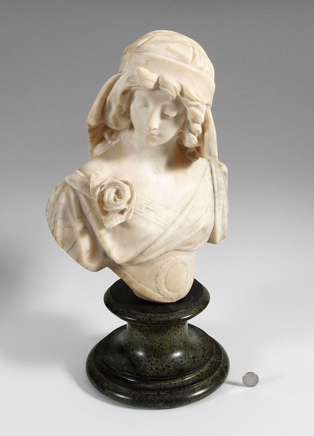 CIPRIANI CARVED MARBLE BUST: CIPRIANI, (Italian, Late 19th/Early 20th Century): Torso Length Sculpture of a Maiden, Marble, incised signature verso, affixed to polished green marble plinth with several minor chips, 5 1/2" h.