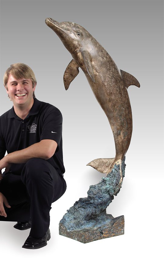 LARGE WYLAND DOLPHIN BRONZE FOUNTAIN SCULPTURE: LARGE ROBERT WYLAND DOLPHIN BRONZE FOUNTAIN SCULPTURE: 60'' h., x 24'' w., 20'' depth, incised signature, dated 1992, #'d 73/200, also incised The Wells Family.
