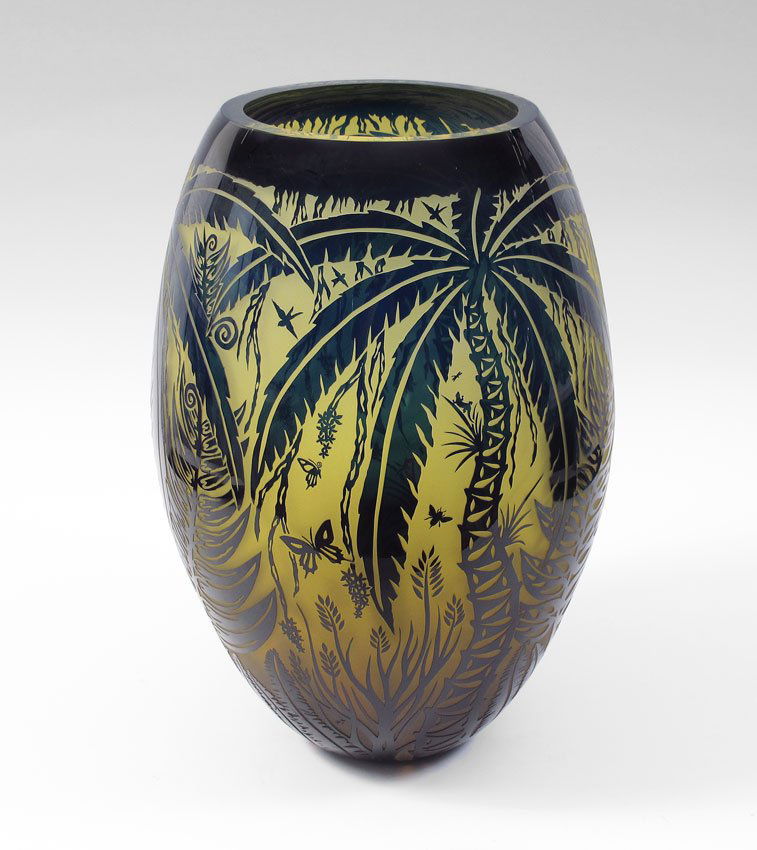 DUNCAN McCLELLAN STUDIO ART GLASS VASE 20'': McCLELLAN, Duncan, (American 1955-): Monumental overlay and sand etched glass vase, ''My Garden'', showing up close details of life in a garden. Deep aqua cut to green. 20'' tall. Signed. Original ret